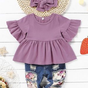 3pcs Baby Girls Purple Flared Sleeve Top, Floral Ripped Jeans & Headband Set